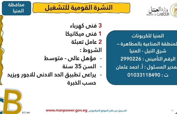 وزارة العمل: توفير 1575 فرصة عمل جديدة 12 محافظةالإثنين 03/فبراير/2025 - 10:01 ص
أصدرت وزارة العمل اليوم الإثنين، نشرة التوظيف نصف الشهرية ،التي تُعلن فيها عن فرص عمل جديدة في المحافظات ،تنسيقًا مع شركات القطاع الخاص.