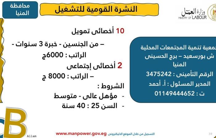 وزارة العمل: توفير 1575 فرصة عمل جديدة 12 محافظةالإثنين 03/فبراير/2025 - 10:01 ص
أصدرت وزارة العمل اليوم الإثنين، نشرة التوظيف نصف الشهرية ،التي تُعلن فيها عن فرص عمل جديدة في المحافظات ،تنسيقًا مع شركات القطاع الخاص.