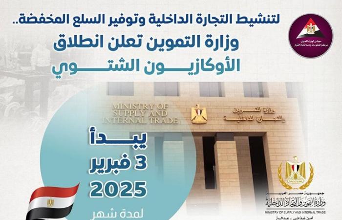 بقرارات ملزمة، معلومات الوزراء يرصد تفاصيل الأوكازيون الشتوي 2025 (إنفوجراف)الثلاثاء 04/فبراير/2025 - 02:19 ص
نشرت الصفحة الرسمية لمركز المعلومات ودعم اتخاذ القرار بمجلس الوزراء، اليوم، على “فيسبوك” إنفوجراف بعنوان “لتنشيط التجارة الداخلية وتوفير السلع المخفضة.. وزارة التموين تعلن انطلاق الأوكازيون الشتوي”.