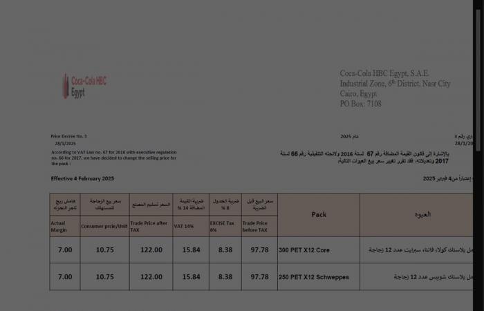 اليوم، بدء تطبيق الزيادة الجديدة في أسعار كوكاكولا وشويبس وفانتا وسبرايت بلاستيكالثلاثاء 04/فبراير/2025 - 12:48 ص
أسعار كوكاكولا بلاستيك والمنتجات الأخرى بعد التطبيق ووفقًا للقائمة التي حصلت «فيتو» على نسخة منها؛ جاءت أسعار كوكاكولا بلاستيك والمنتجات الأخرى بعد تطبيق تغيير الأسعار؛ كالآتي: