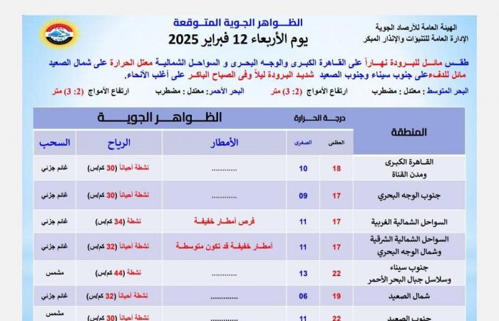 رياح وسحب تزحف على هذه المناطق، تحذير عاجل من الأرصاد بشأن طقس الساعات المقبلةالأربعاء 12/فبراير/2025 - 06:13 ص
طقس اليوم ، وجهت الهيئة العامة للأرصاد الجوية، تحذيرًا شديدًا بشأن حالة الطقس اليوم الأربعاء 12 فبراير 2025، مؤكدة أن هناك فرصًا لسقوط الأمطار خلال ساعات على بعض المناطق يصاحبها نشاط للرياح. خريطة سقوط الأمطار اليوم وقالت هيئة الأرصاد الجوية في بيانها التحذيري: "استمرار تكاثر السحب المنخفضة والمتوسطة