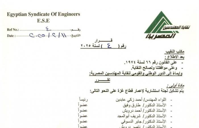 نقيب المهندسين يُصدر قرارًا بتشكيل لجنة استشارية لإعمار غزة (مستند)الأربعاء 12/فبراير/2025 - 04:00 م
أصدر المهندس طارق النبراوي نقيب المهندسين، قرارًا بتشكيل لجنة استشارية متخصصة من الخبراء لإعمار قطاع غزة، ويأتي ذلك في إطار الدور الوطني والقومي للنقابة.