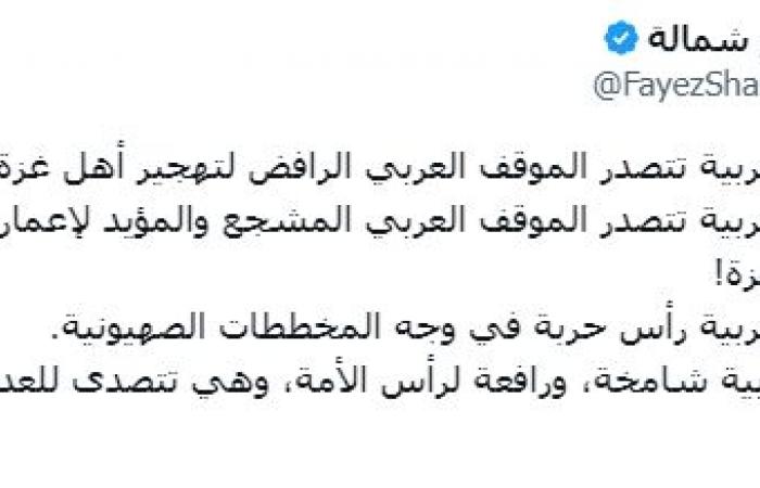 لرفضها تهجير أهل غزة، عضو المجلس الفلسطيني: مصر تتصدر الموقف العربي رغم أنف ترامب ونتنياهوالخميس 13/فبراير/2025 - 02:02 م
وجه الدكتور فايز أبو شمالة، ورئيس بلدية خان يونس سابقاً وعضو المجلس الوطني الفلسطيني، رسالة لمصر بعد رفضها قرار تهجير الفلسطينيين من غزة