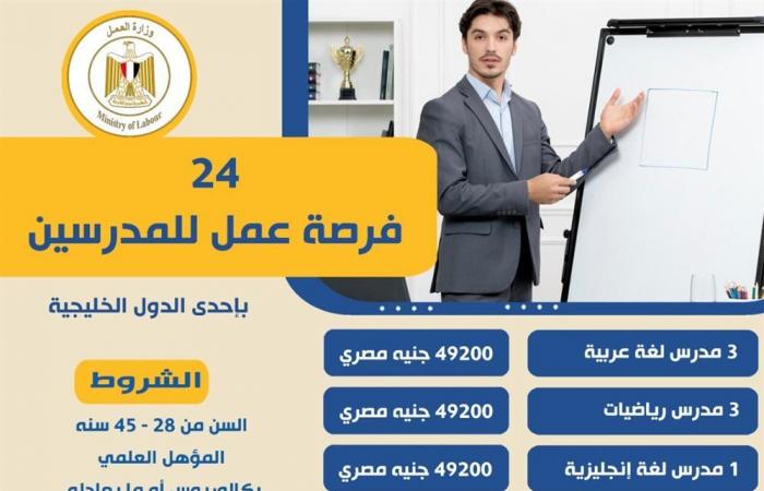 مطلوب مدرسون والراتب 49 ألف جنيه، فرص عمل في دولة خليجيةالسبت 01/مارس/2025 - 09:45 ص
أعلن وزير العمل محمد جبران ،اليوم السبت،عن توفير 24 فرصة عمل لكوادر مصرية في مجال التدريس ،بحسب التخصصات المرفقة في الإعلان المرفق في هذا البيان