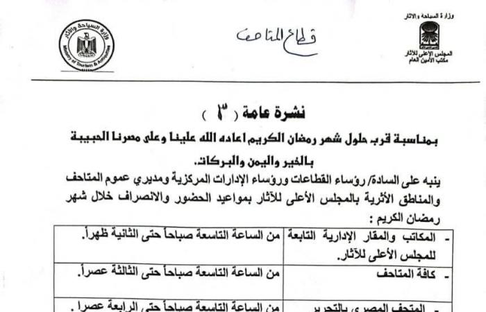 فترتين صباحية ومسائية، المواعيد الجديدة لزيارة المتاحف والمواقع الأثرية في رمضانالسبت 01/مارس/2025 - 04:25 ص
تبدأ وزارة السياحة والآثار، اليوم السبت، العمل بالمواعيد الجديدة لزيارة المواقع الأثرية والمتاحف المفتوحة للزيارة خلال شهر رمضان المبارك. مواعيد زيارة المواقع والمتاحف الأثرية خلال شهر رمضان - كافة المتاحف: من الساعة التاسعة صباحًا حتى الساعة الثالثة عصرًا. - المتحف المصري بالتحرير: من الساعة التاسعة